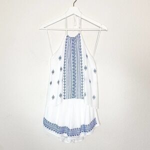 Chelsea & Violet Embroidered Tie Neck Halter Elastic Open Back White Romper S